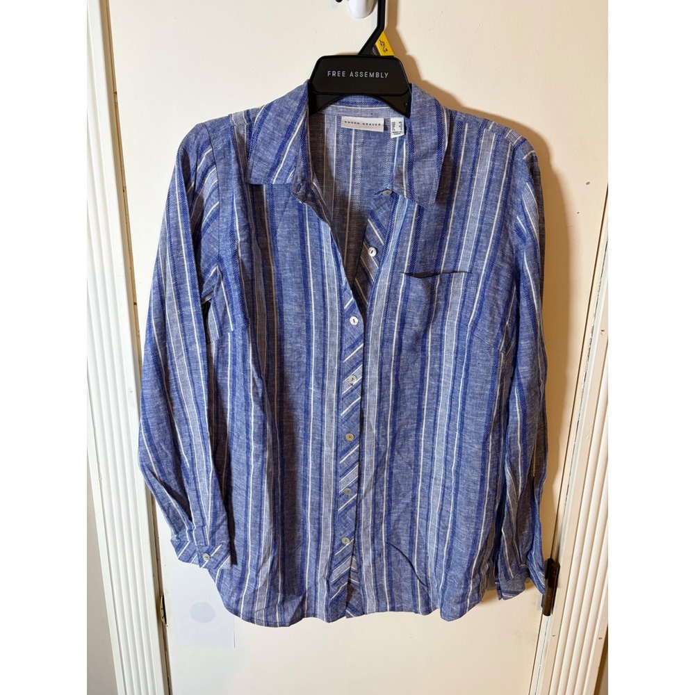 Susan Graver Blue White Striped Linen Blend Button Down Shirt Womens XS